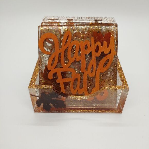 Hand Crafted Other - Coasters w/ Holder "Happy Fall" w/ Glitter